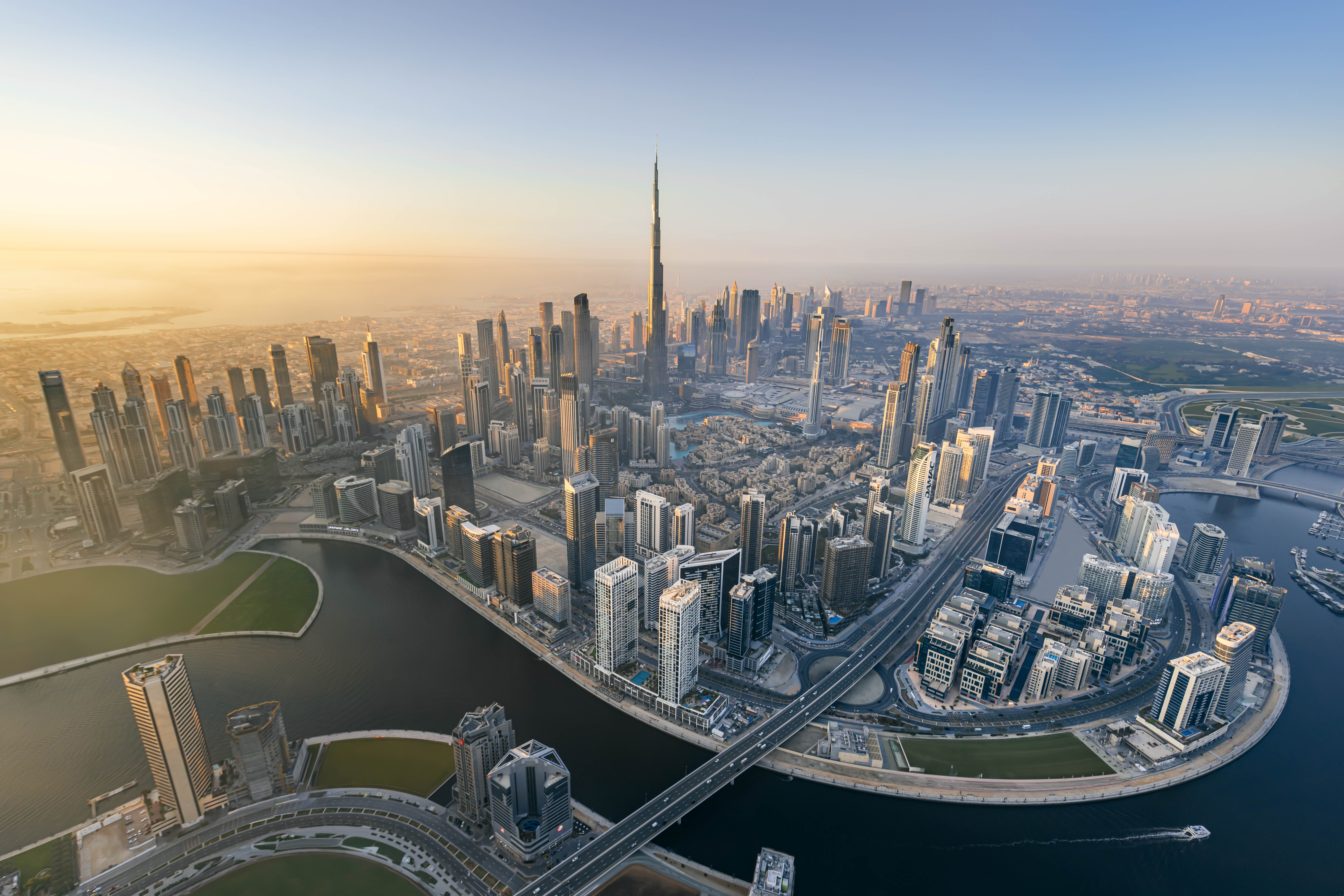 Dubai skyline and Burj Khalifa at blue hour